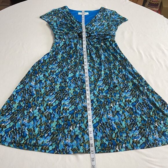 Studio I Blue Printed Ruched & Buckle Waistband Dress Sz 6 - Picture 10 of 16